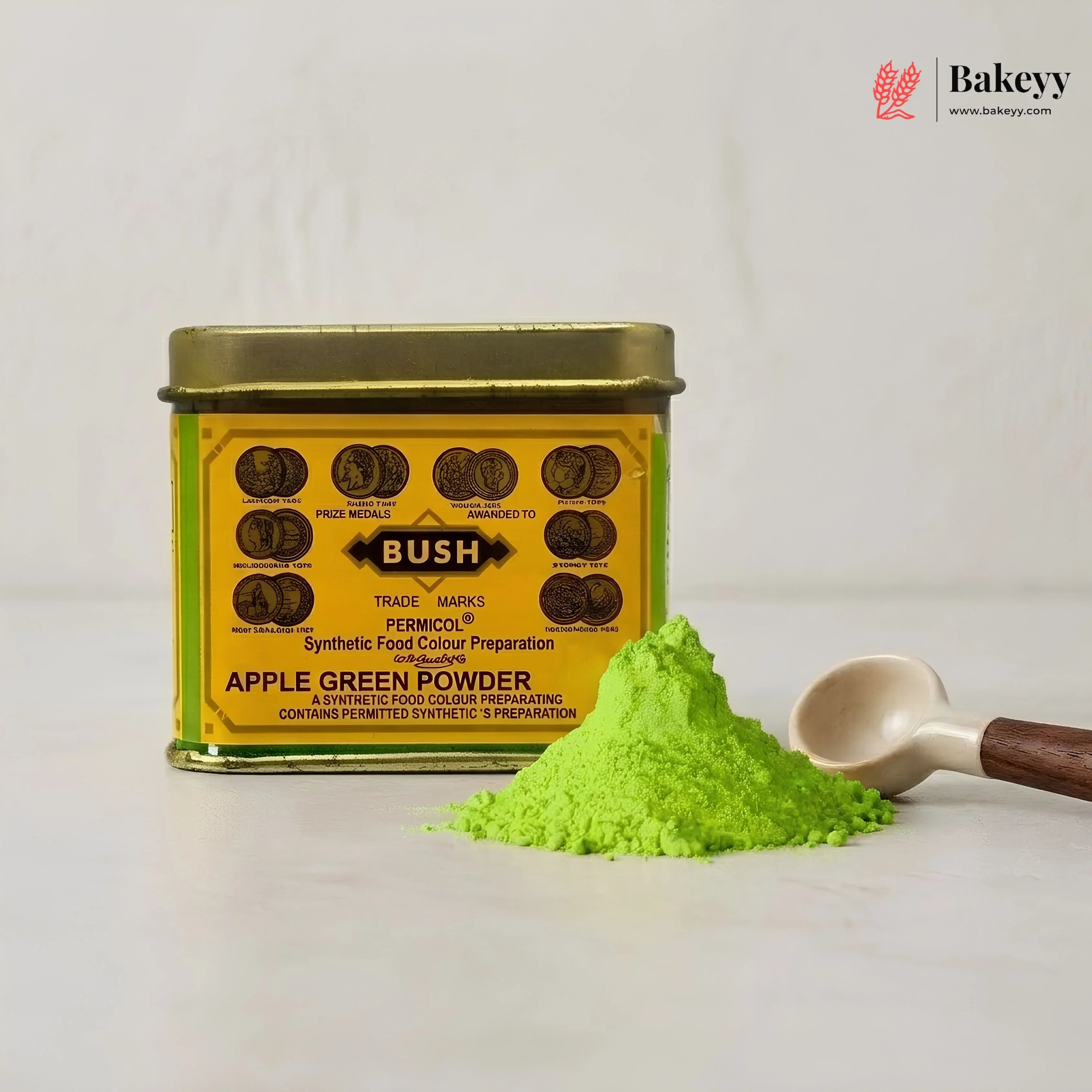 Bush Apple Green Powder with a scoop and powder on a light background