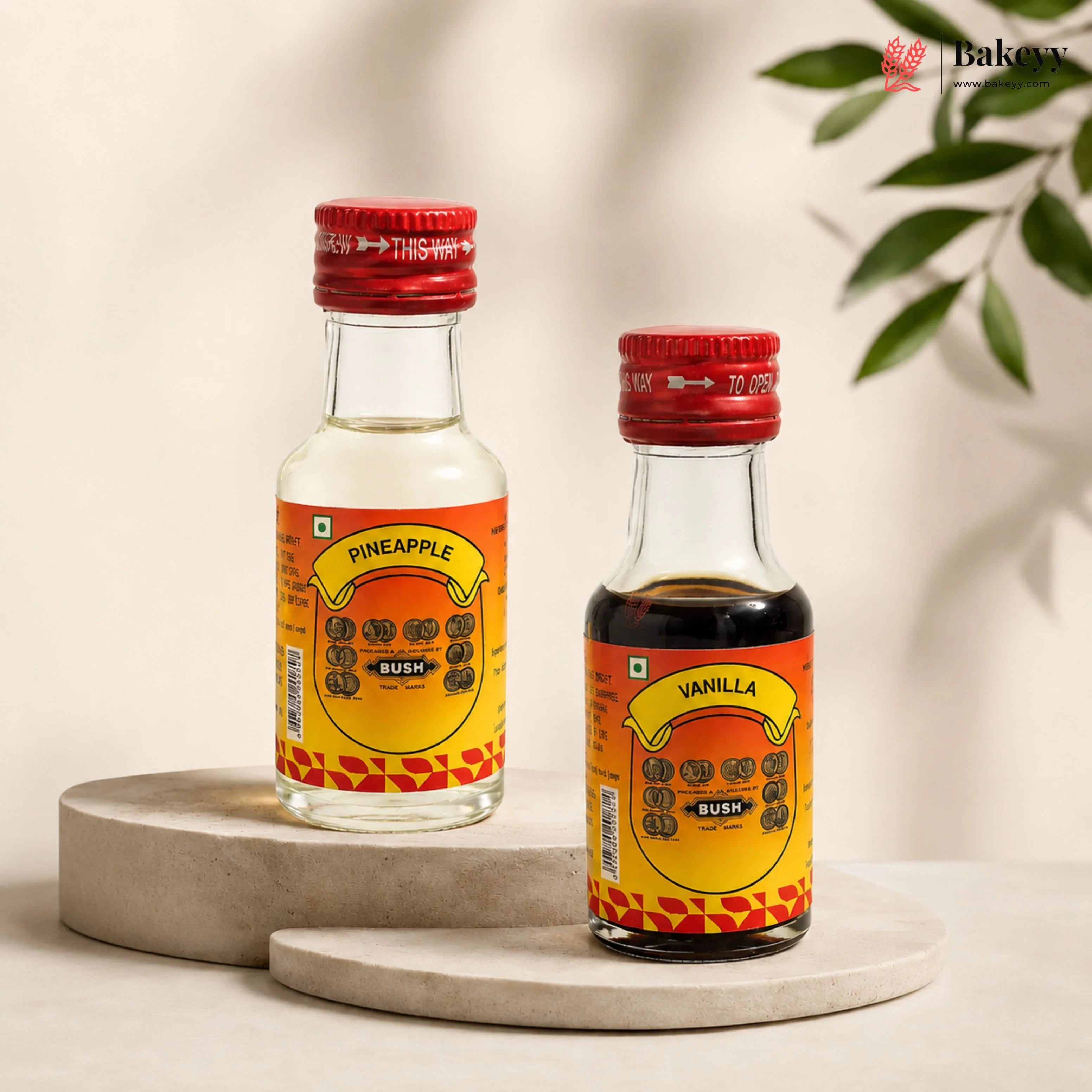Two small bottles of pineapple and vanilla syrup on a beige platform with a light background.