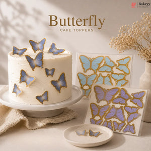 Butterfly cake toppers on a cake and packaging with 'Bakeyy' branding.