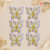 Six butterfly-shaped decorations with gold and purple details on a beige background, branded 'Bakeyy'.