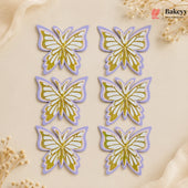 Six butterfly-shaped decorations with gold and purple details on a beige background, branded 'Bakeyy'.