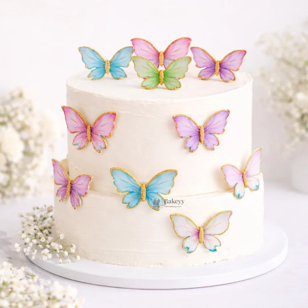Pastel Butterfly Cake Topper with Gold Glitter Edge Detailing | Elegant Decoration for Cakes, Cupcakes & Desserts | Pack of 10