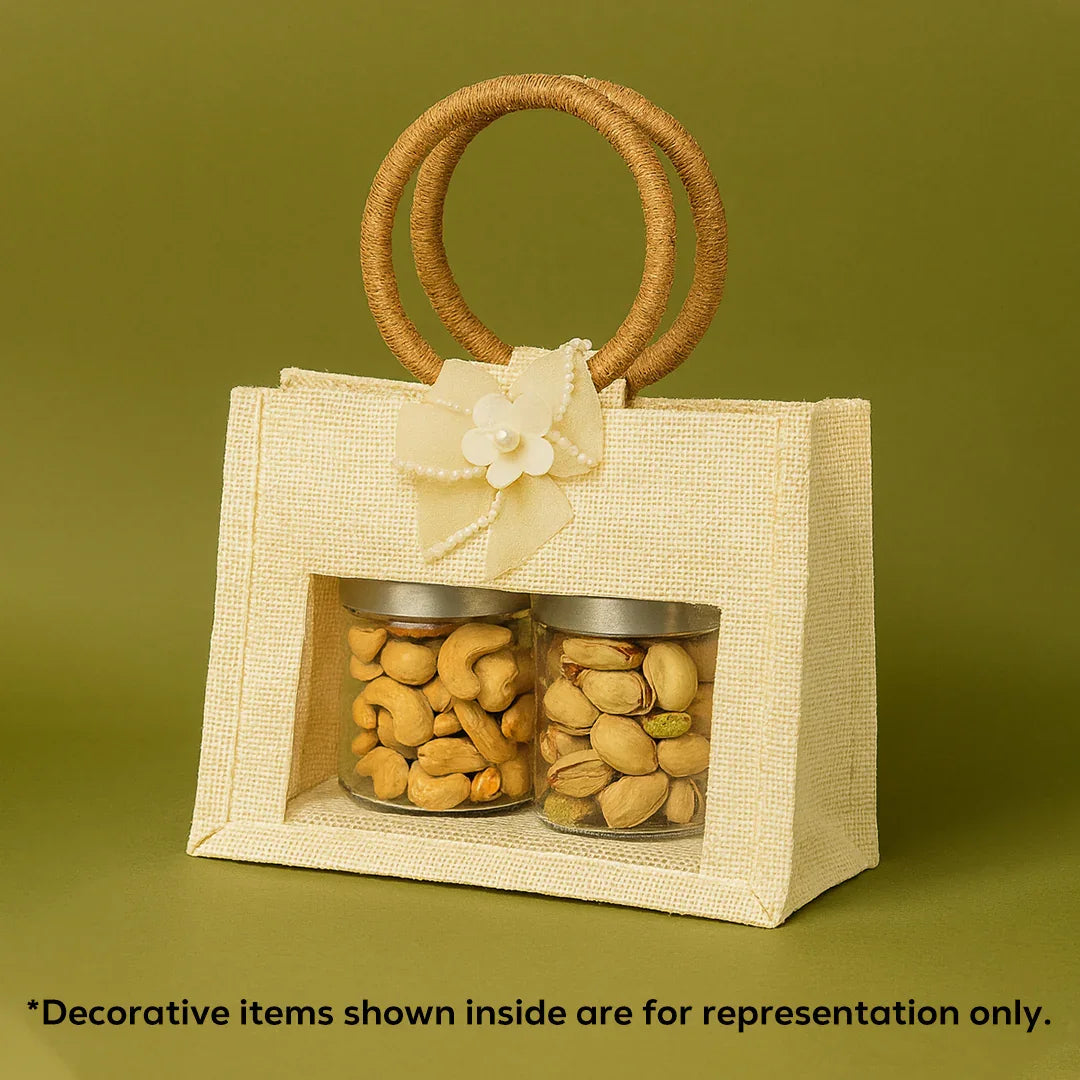8x6x4 Inch Premium 2 Jar Jute Gift Bag with Transparent Window & Floral Accent – Pack Of 1