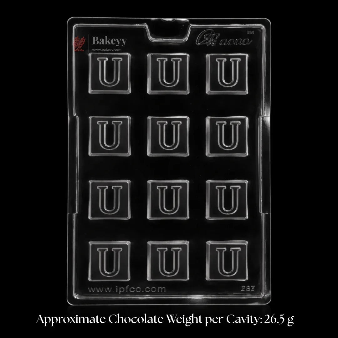 Mould 381, 382, 383 | “I”, Heart & “U” Letter Design | Alphabet & Heart Chocolate Mould | 12 Cavity | Pack of 1 - Bakeyy.com - India - Mould 381, 382, 383 | “I”, Heart & “U” Letter Design | Alphabet & Heart Chocolate Mould | 12 Cavity | Pack of 1 - U 70.00