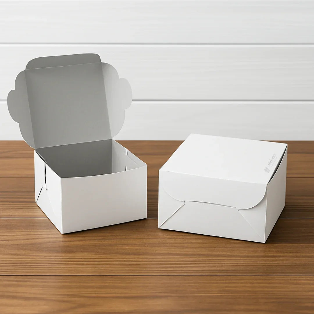 Bakeyy white cake boxes for bakery packaging, displayed on wooden table