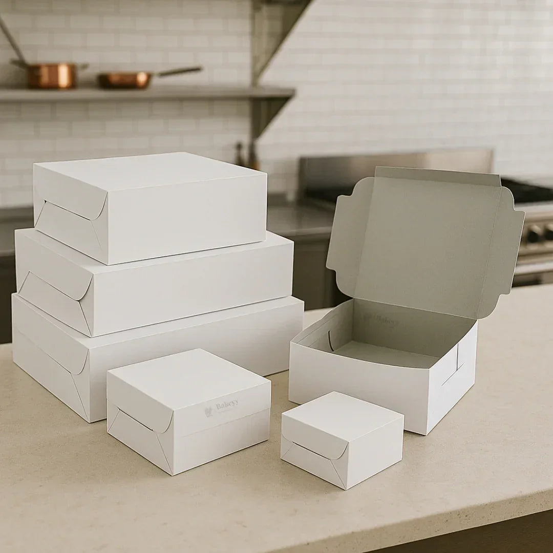 Stack of white bakery cake boxes from Bakeyy.com on a kitchen countertop