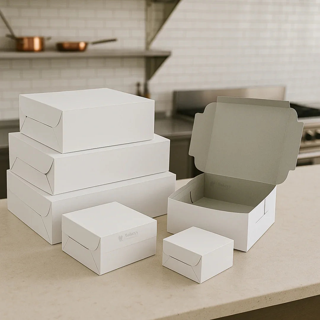 Stack of white bakery cake boxes from Bakeyy.com on a kitchen countertop