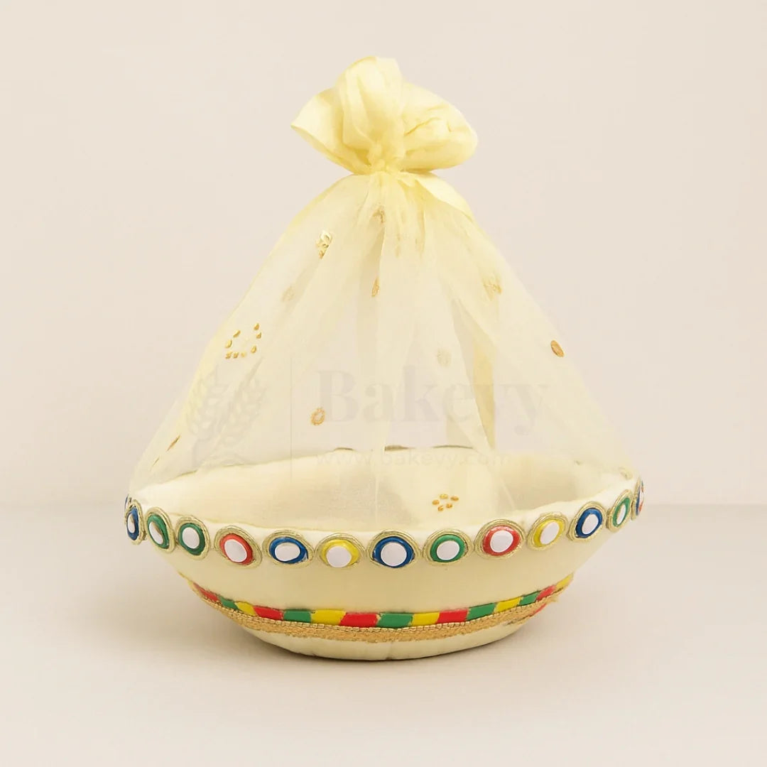 Elegant Round Hamper Basket with Golden Net | Hamper Basket | Pack Of 1