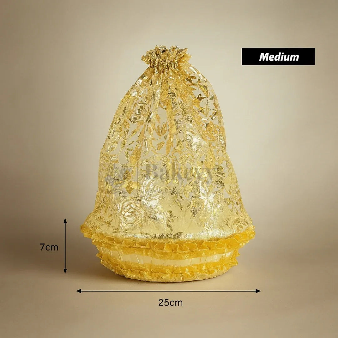 Medium | Gold Round Decorative Net Basket | Hamper Basket | Pack of 1