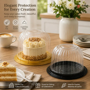Cake Dome Box with Transparent Lid | PET Pastry Container | Gold & Black Base Available | Pack of 25