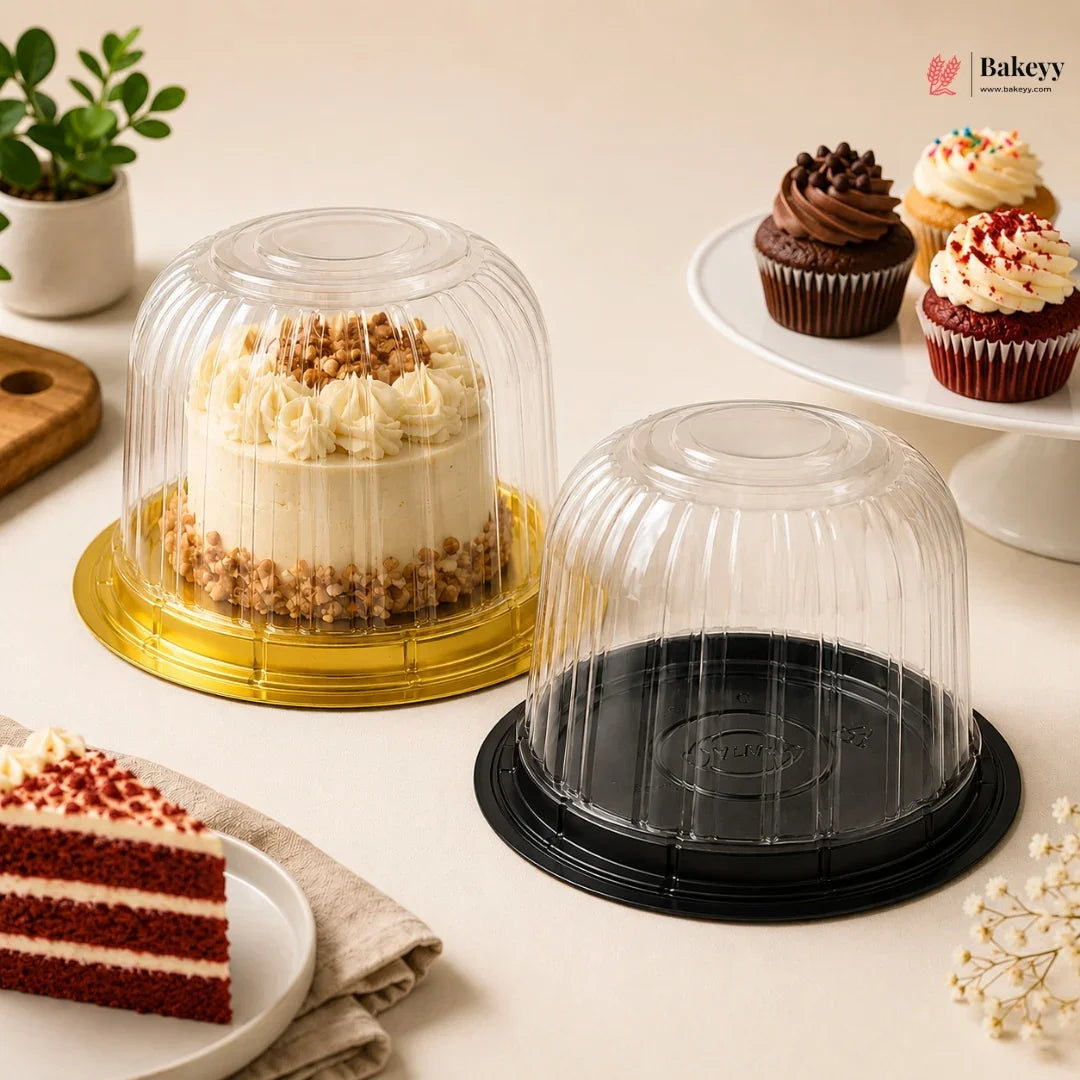 Cake Dome Box with Transparent Lid | PET Pastry Container | Gold & Black Base Available | Pack of 25
