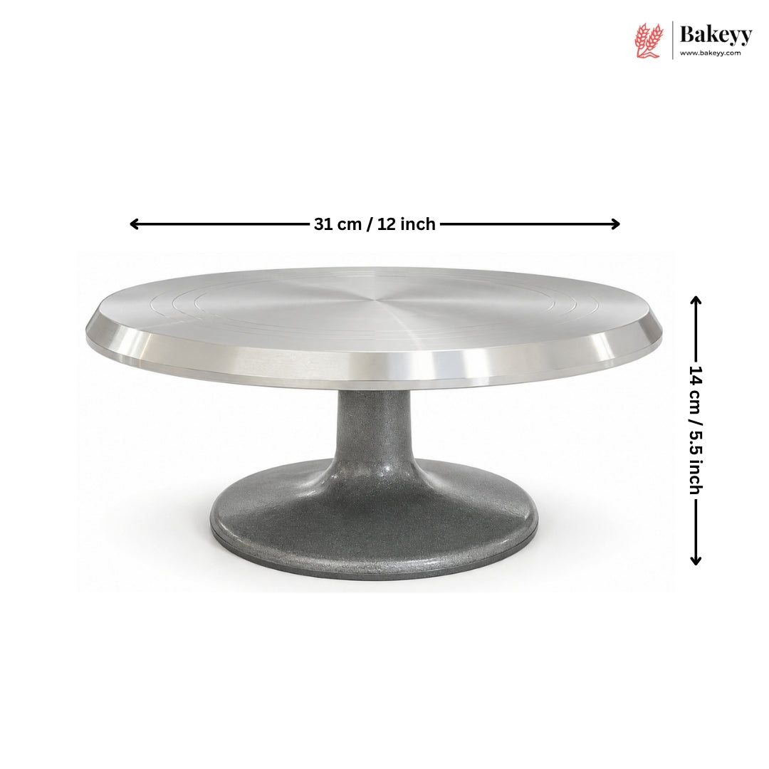Metallic cake stand with dimensions labeled on a white background, featuring the Bakeyy brand.