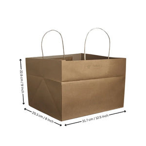Brown paper cake bag with handles, Bakeyy.com branding, size dimensions shown