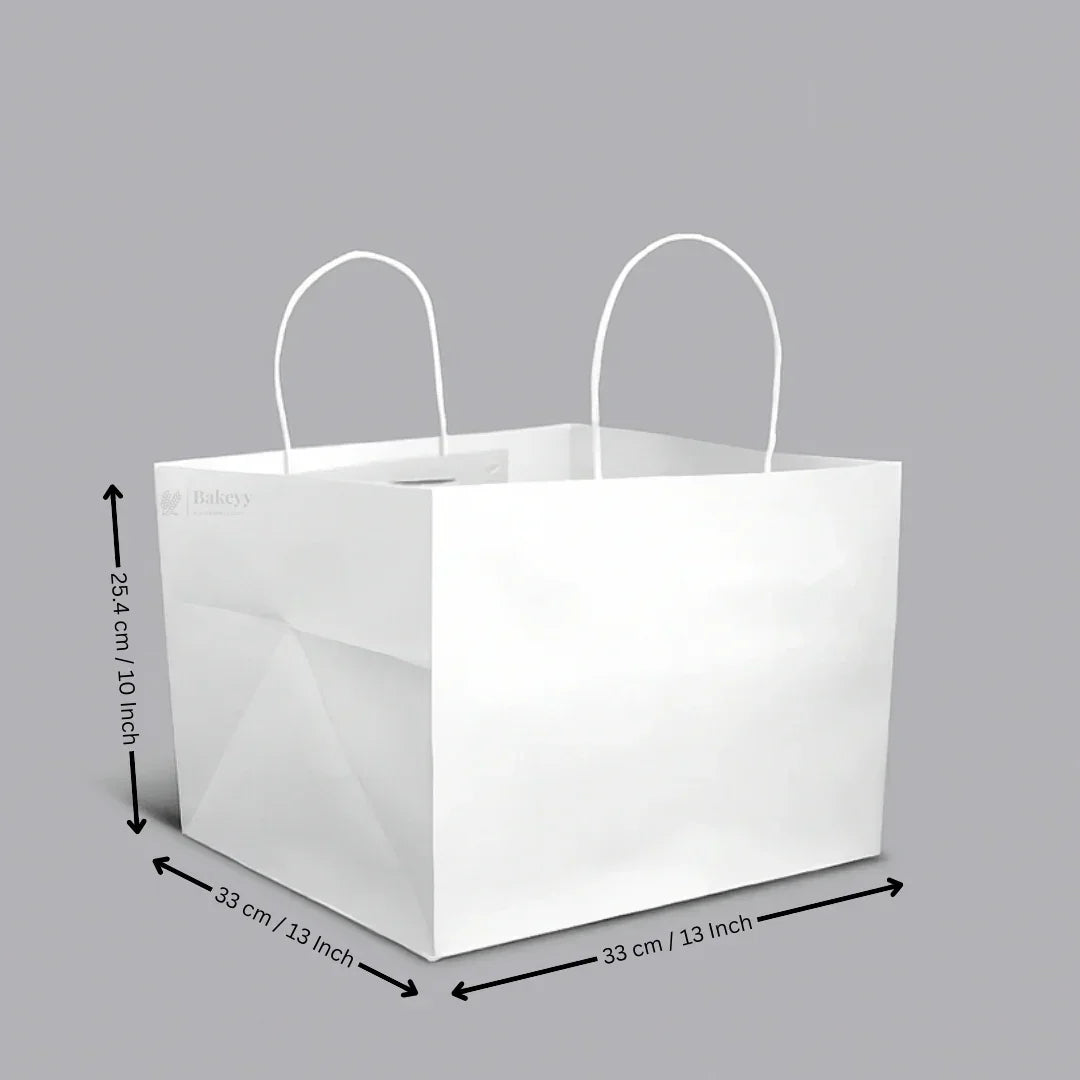 White paper cake bag with handles, 33x33x25.4 cm, gift packaging from Bakeyy.com
