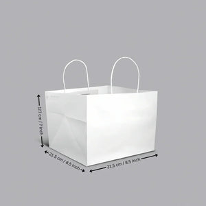 White square paper cake bag with handles, 21.5x21.5x17.7 cm, Bakeyy wholesale packaging