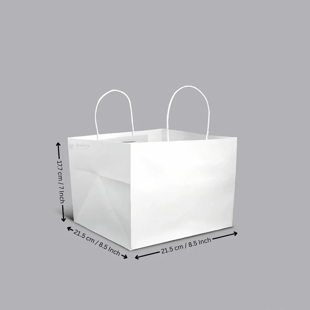White square paper cake bag with handles, 21.5x21.5x17.7 cm, Bakeyy wholesale packaging