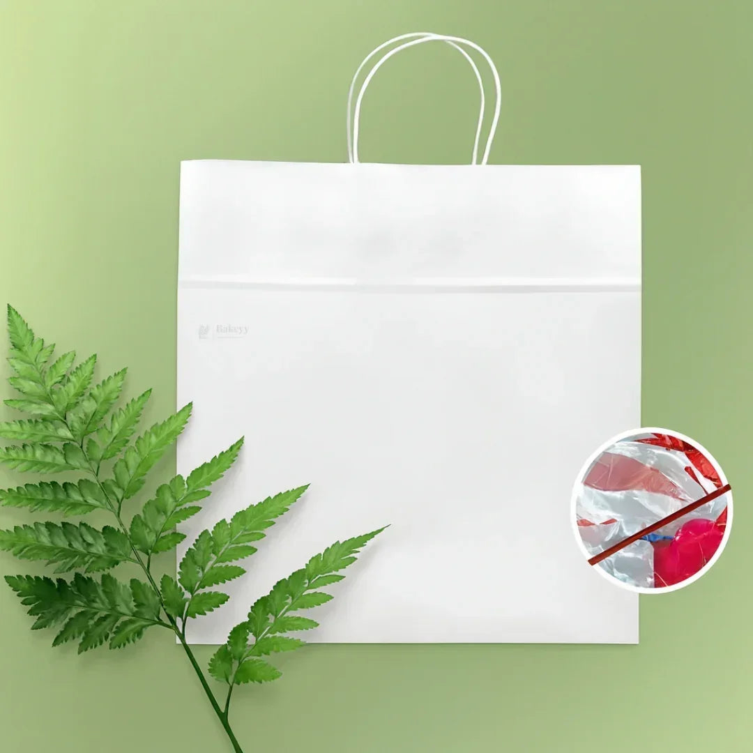 Bakeyy white paper cake bag with handle, eco-friendly bakery packaging on green background