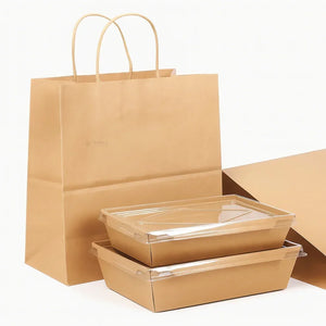 Bakeyy kraft paper cake bags and eco-friendly brown bakery trays with clear lids