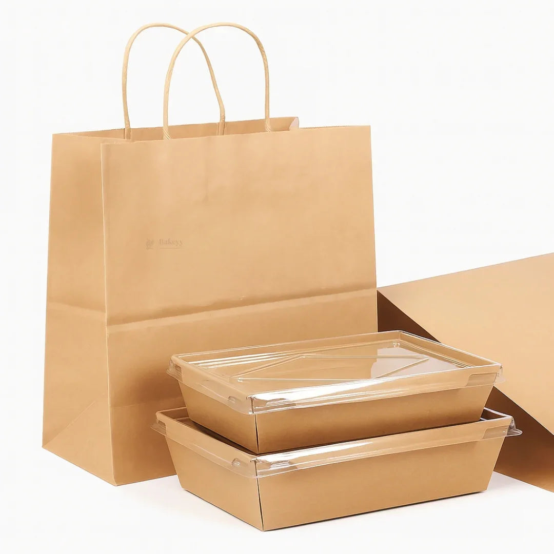 Bakeyy kraft paper cake bags and eco-friendly brown bakery trays with clear lids