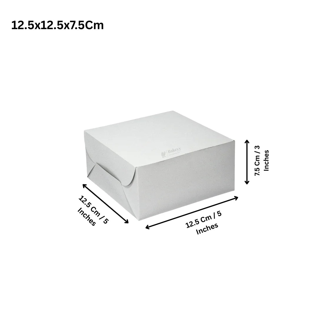 White bakery cake box 12.5x12.5x7.5cm with Bakeyy branding, ideal for packaging cakes.