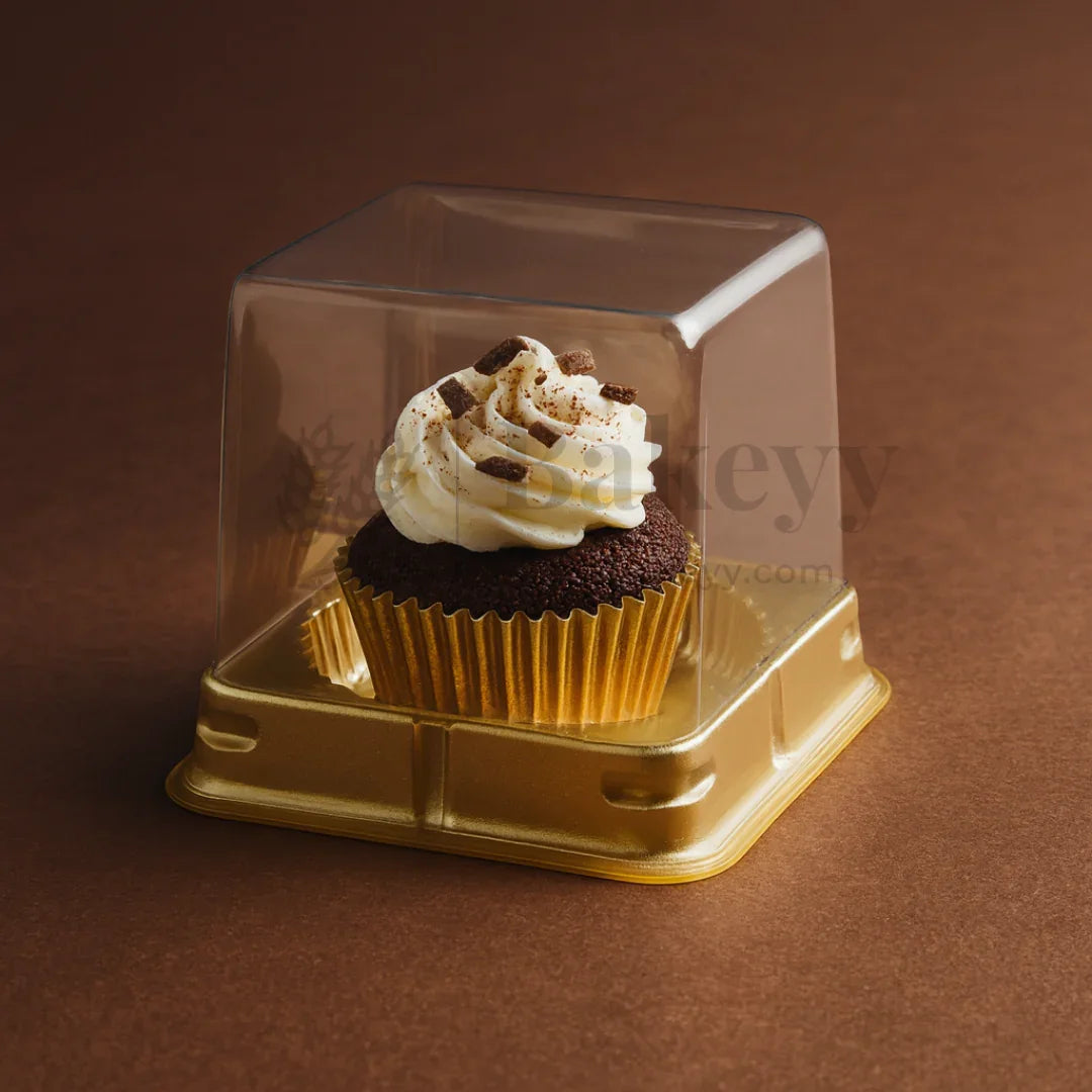 Individual Cupcakes And Pastry Container | Premium Single Cupcake Container with Transparent Lid – Gold Base | Pack Of 50