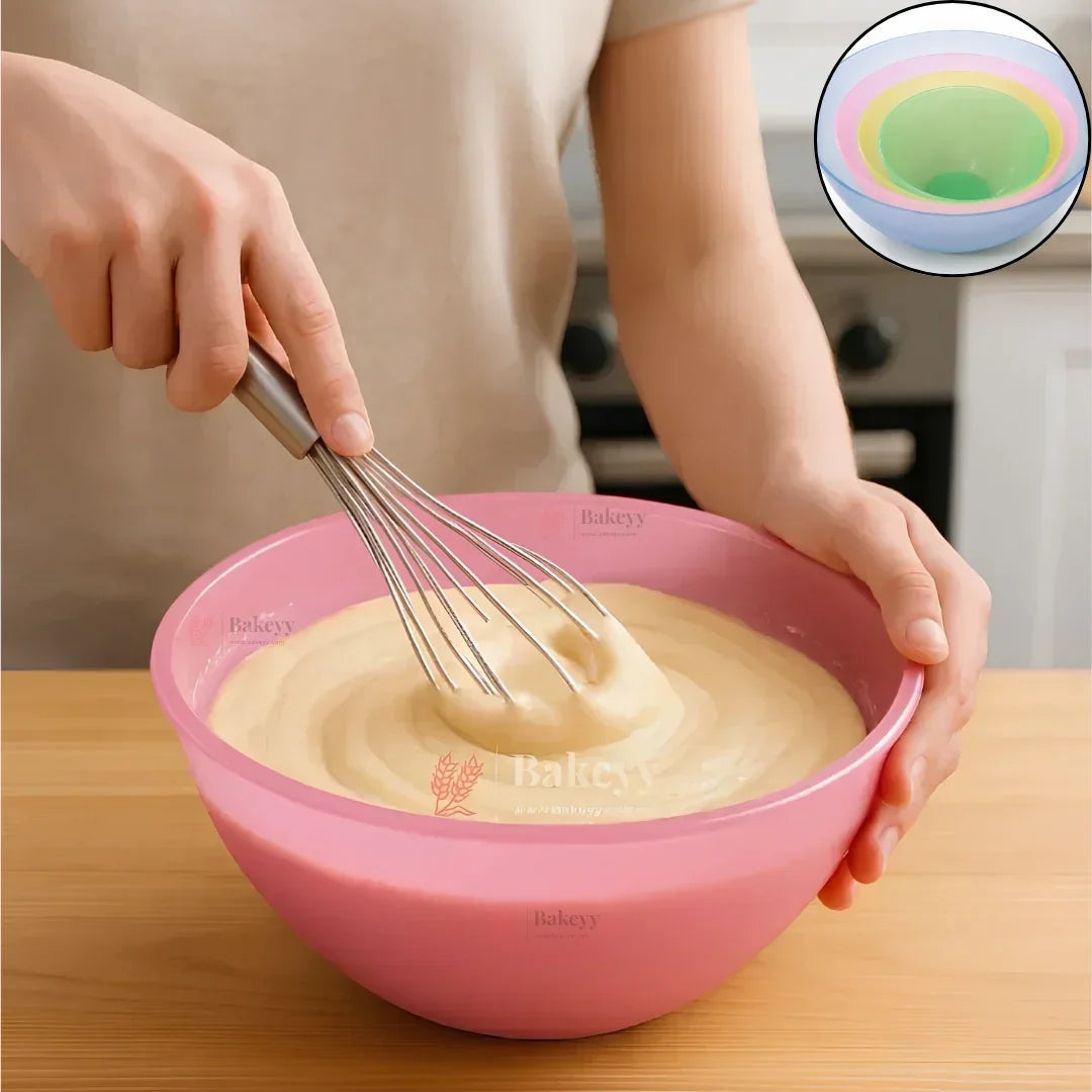Person whisking batter in a pink bowl with a close-up inset of the bowl's interior.