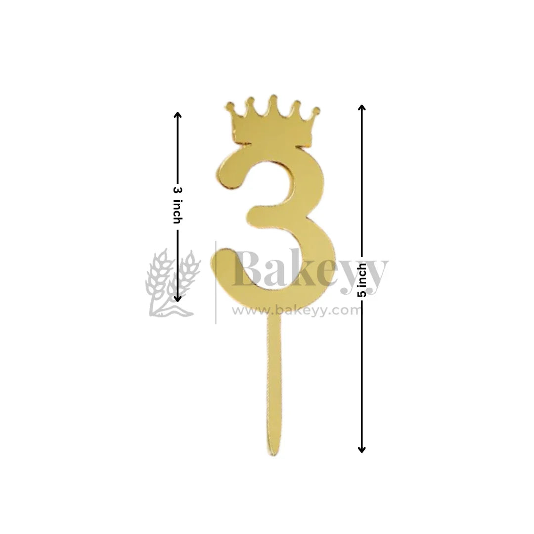 5 Inch | Golden Number 3 Cake Topper with Tiara | 1 Piece