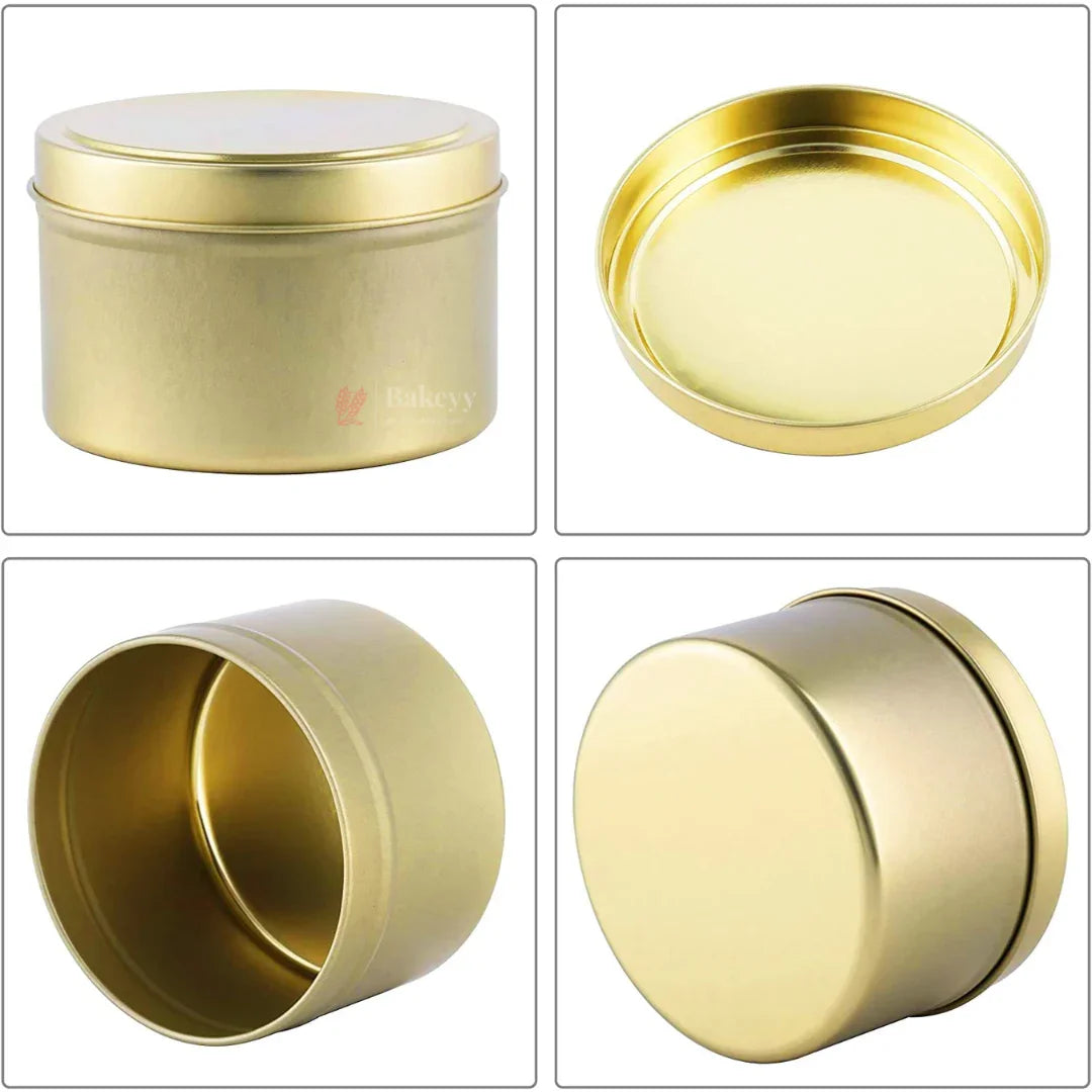 Gold round candle tin boxes for gift packaging, shown in multiple angles from Bakeyy.com