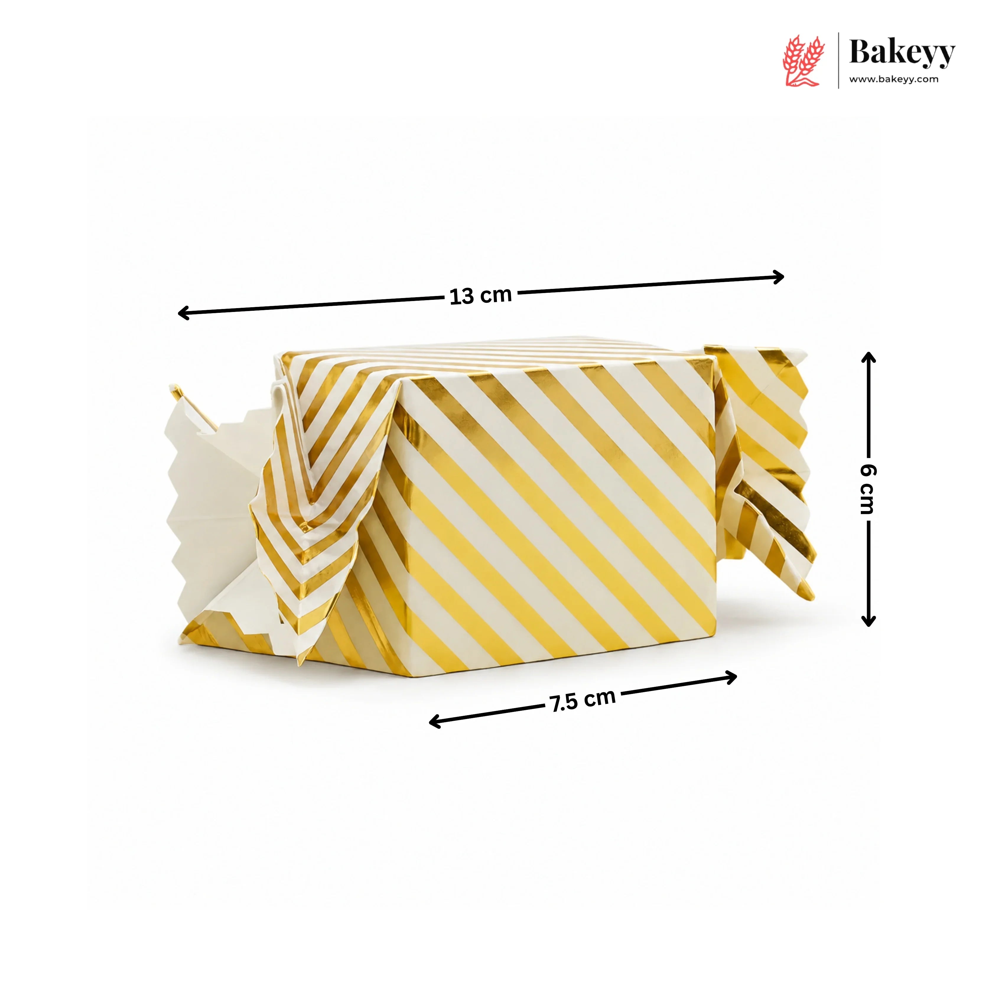 Yellow and white striped box with dimensions labeled, featuring the Bakeyy brand.