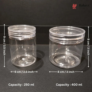 Two clear plastic jars with screw-on lids shown on a dark background, with dimension arrows and text indicating sizes: one 6 cm by 9 cm, capacity 250 ml; the other 8 cm by 8 cm, capacity 400 ml. A Bakey logo appears in the top right.