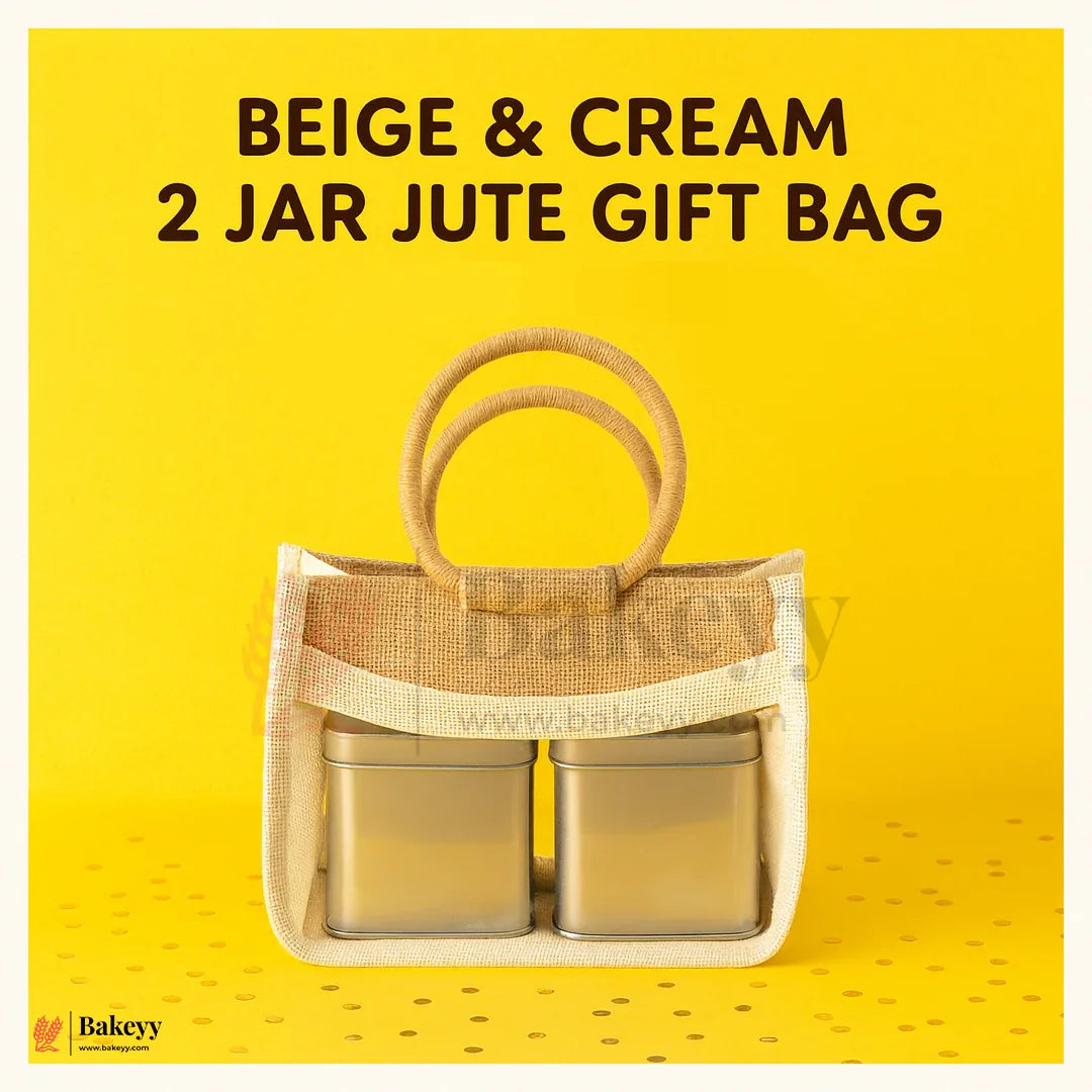 22x10x14 CM | Beige & Cream 2 Jar Jute Gift Bag with Window & Round Handles – 1 Piece