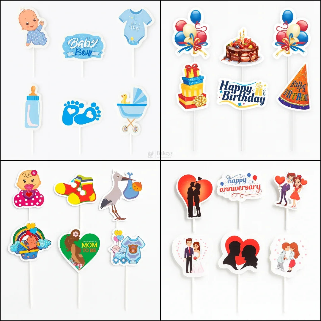 Celebration Theme Cake Topper | Assorted Designs | Celebration Event Cake Toppers | Pack of 6