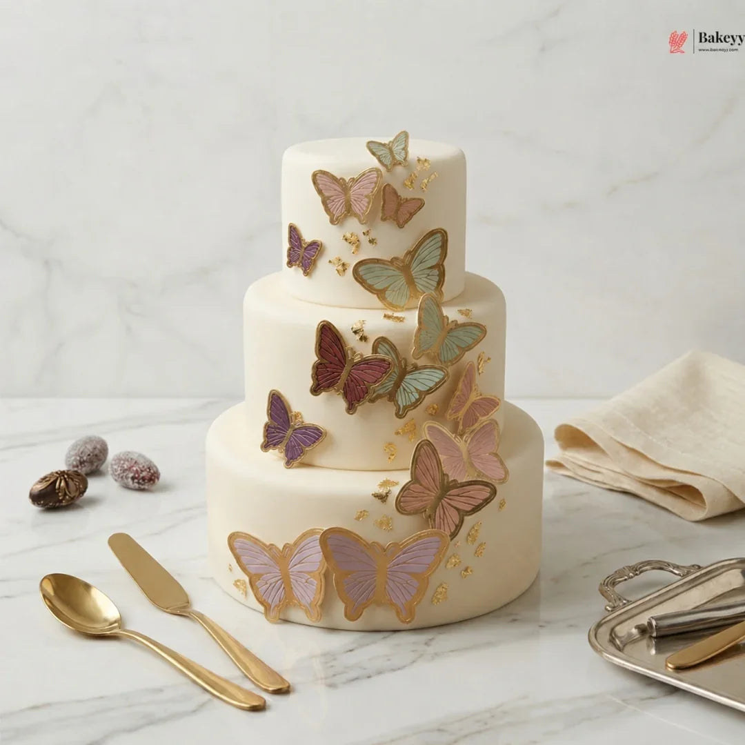 Three-tiered cake with butterfly decorations on a marble surface, featuring the Bakeys brand.