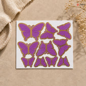 Purple butterfly stickers on a white card with a beige background