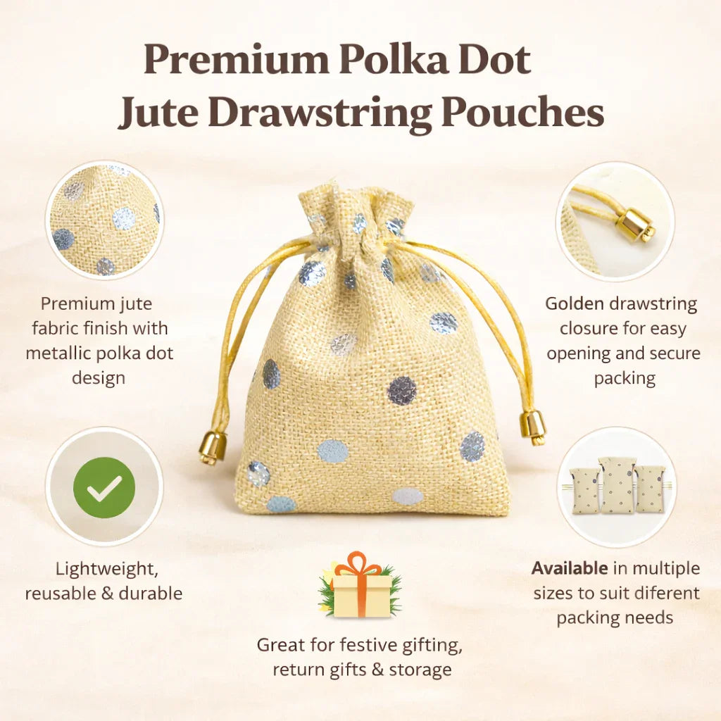 Polka Dot Jute Potli Bags with Golden Drawstring | Reusable Gift Pouches (Multiple Sizes) | Pack of 10 - Bakeyy.com - India - Polka Dot Jute Potli Bags with Golden Drawstring | Reusable Gift Pouches (Multiple Sizes) | Pack of 10 - Gold Polka Dot / 10x14 135.00