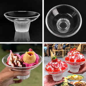 Clear glass dessert bowls with ice cream and fruit toppings, set against a dark background.