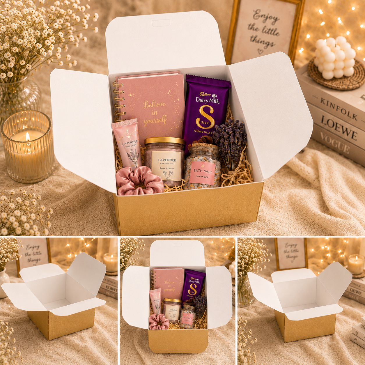 Gift box with various items including a candle, lotion, and lavender on a warm-toned fabric background.