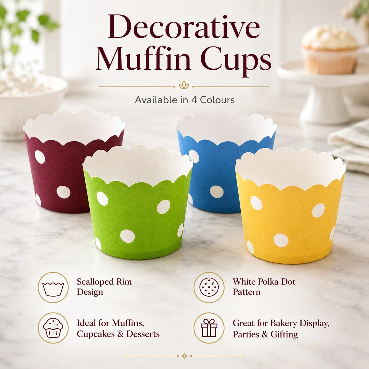 Decorative muffin cups in red, green, blue, and yellow with scalloped rim and white polka dot pattern on a marble surface.