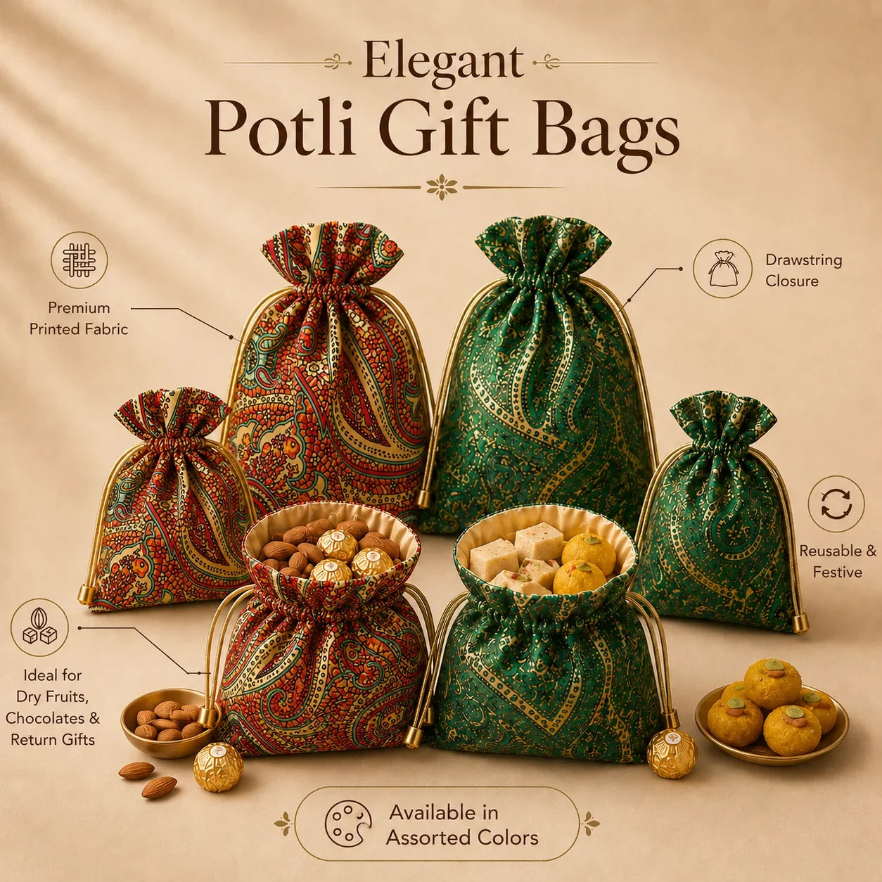 Elegant potli gift bags with various designs on a beige background