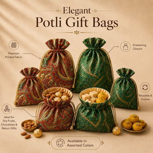 Elegant potli gift bags with various designs on a beige background