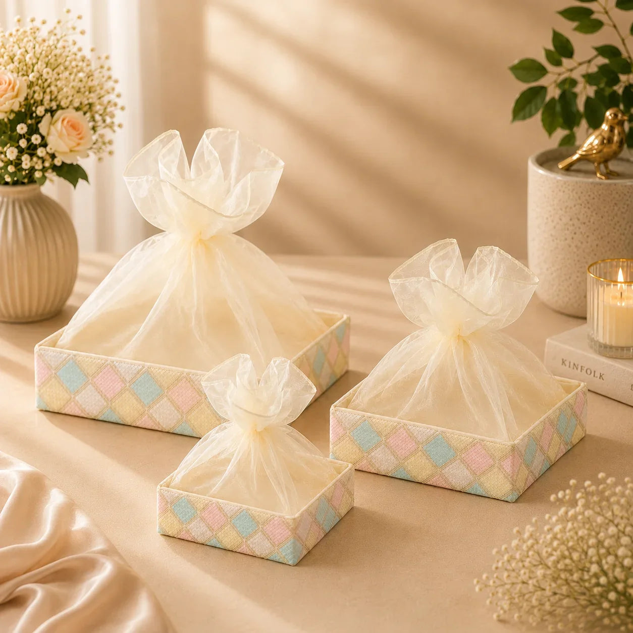 Three decorative boxes with pastel checkered pattern and sheer white bows on a soft beige surface.