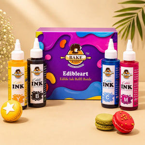 Bake Haven Edible Ink bottles and packaging on a beige background with decorative elements.