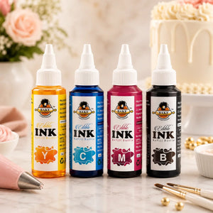 Four bottles of Bake Sale Edible Ink with a cake and flowers in the background