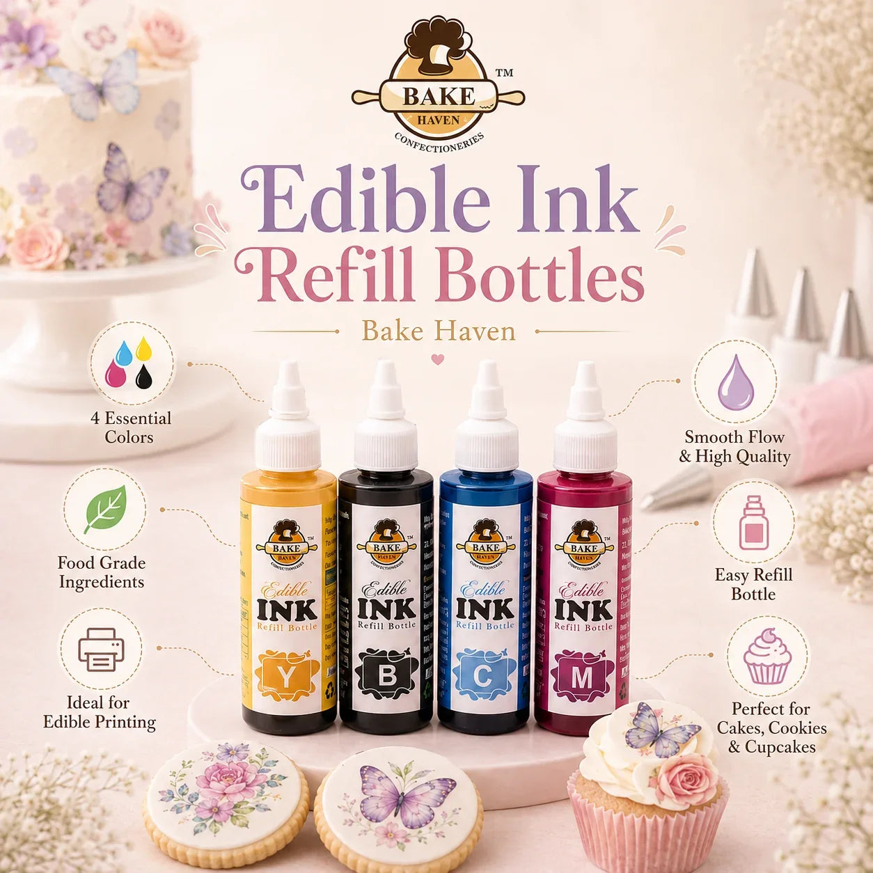Bake Haven Edible Ink Refill Bottles with decorated cookies and cupcakes on a light background