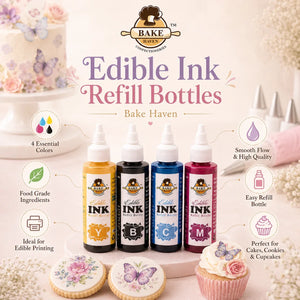 Bake Haven Edible Ink Refill Bottles with decorated cookies and cupcakes on a light background