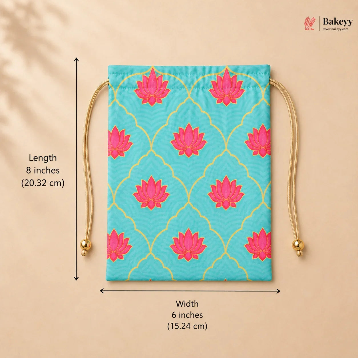 Drawstring bag with pink floral patterns on a blue background, shown with measurements and Bakey branding.