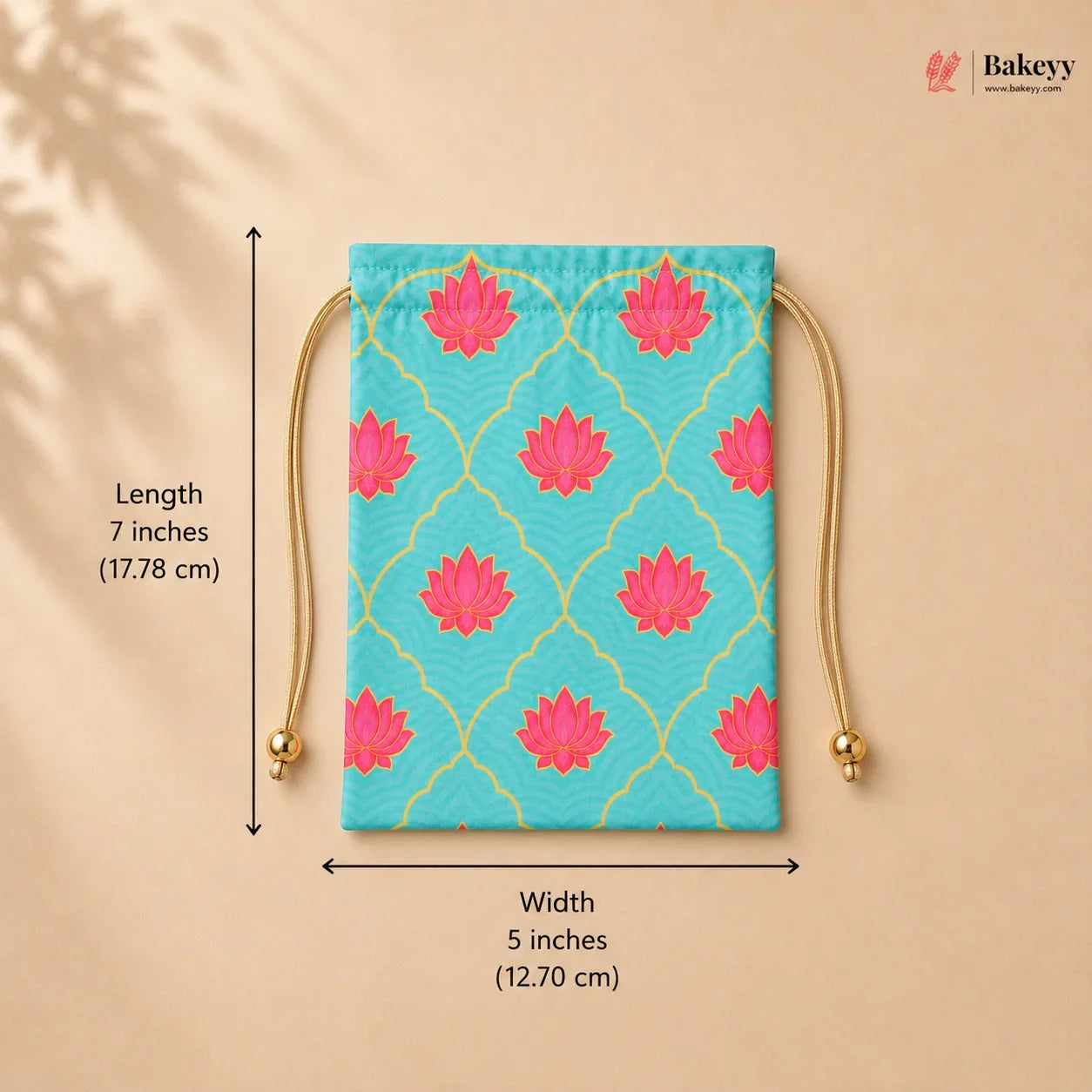 Decorative pouch with pink floral patterns on a blue background, shown with measurements and the Bakeey brand logo.