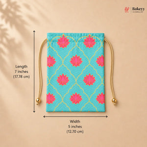 Decorative pouch with pink floral patterns on a blue background, shown with measurements and the Bakeey brand logo.
