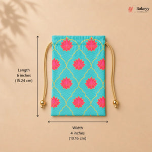 Drawstring bag with pink floral patterns on a blue background, shown with measurements and the brand 'Bakey'.