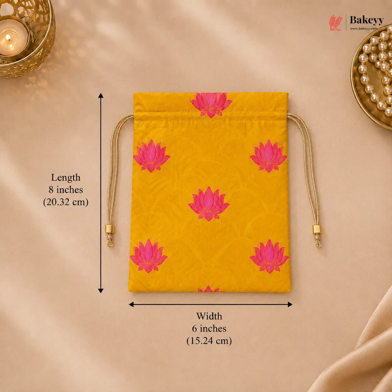 Yellow drawstring bag with pink floral patterns on a beige background, featuring dimensions and the Bakeey brand.